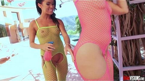 Anikka Albrite and Megan Rain suck a big cock poolside, Megan then gets her pussy fucked with a butt plug up her ass