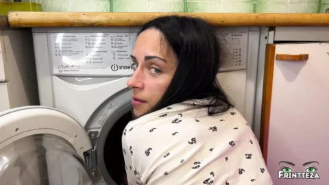 Stepson fucked Stepmom while she in inside of washing machine. Anal Creampie