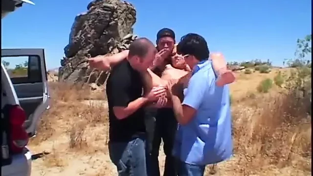 Three Man Are Fucking Lustful Well Shaped Blonde in the Car and Near It