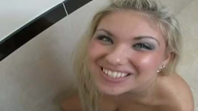 Aubrey Adams in the bathroom gets cum on her face from eager cock