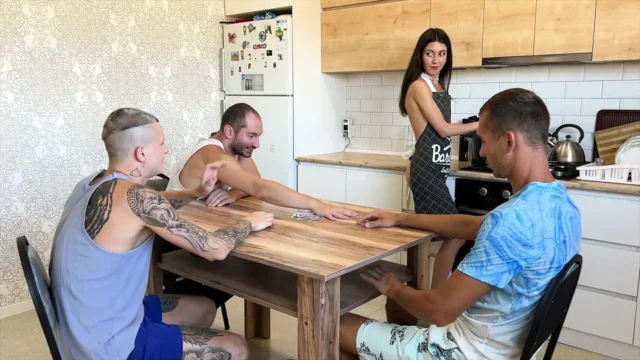The wife seduced her husband and his friends – they had sex with her mouth and pussy – filling them with their cum