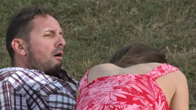 Naughty brunette seduces country boy to bang her outdoors