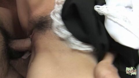 A group of men play with the pussy of a cute Asian waiter for a long time
