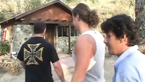 Trashy MILF gets gang banged by three dudes and creamed
