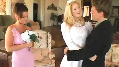 Bride, groom and bridesmaid in furious threesome fucking